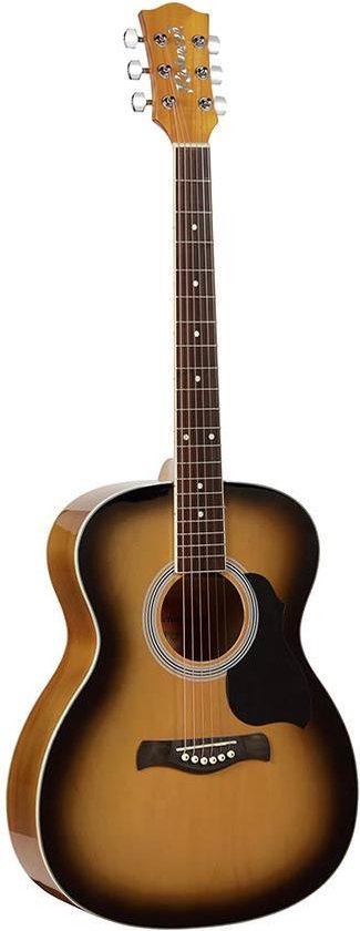 Een akoestische gitaar met een sunburst afwerking, van boven naar beneden. De body is geelbruin in het midden en donkerbruin aan de randen. Zwart slagplaat en zilveren stemmechanieken.