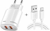 Dubbele USB draagbare reisoplader + 1 meter USB naar Type-C datakabel, EU-stekker (wit)