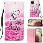 Voor Samsung Galaxy A12 3D Schilderen Horizontale Flip Leren Case met Houder & Kaartsleuf & Portemonnee & Lanyard (Roze Wolken)