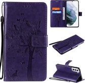 Voor Samsung Galaxy S21 + 5G Tree & Cat Pattern Pressed Printing Horizontale Flip PU lederen tas met houder & kaartsleuven & portemonnee & lanyard (paars)