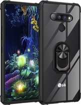 Voor LG Stylo 6 schokbestendig transparant TPU + acryl beschermhoes met ringhouder (zwart)