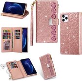 Voor iPhone 11 Multi-kaartsleuven Sterrenhemel Lasergravure Glitter Rits Horizontale Flip Leren Case met Houder & Portemonnee & Lanyard (Rose Goud)