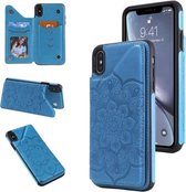Bloem reliëfpatroon schokbestendig beschermhoes met houder & kaartsleuven en fotolijst voor iPhone XS Max (blauw)