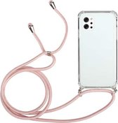 Voor LG Q92 5G schokbestendige transparante TPU beschermhoes met vier hoeken en draagkoord (roze)