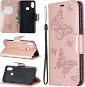 Voor Galaxy A10s Twee vlinders reliëfpatroon horizontaal Flip lederen tas met houder & kaartsleuf & portemonnee & lanyard (goud)