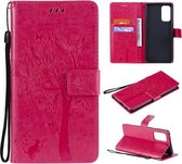 Voor OPPO Reno5 Pro 5G Tree & Cat Pattern Pressed Printing Horizontale Flip PU Leather Case met houder & kaartsleuven & portemonnee & Lanyard (Rose Red)