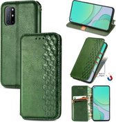 Voor OnePlus 8T Cubic Grid Pressed Horizontal Flip Magnetic PU Leather Case met houder & kaartsleuven & portemonnee (groen)