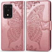 Voor Samsung Galaxy S20 Ultra Butterfly Love Flower Reliëf Horizontale Flip Leren Case met Beugel / Kaartsleuf / Portemonnee / Lanyard (Rose Goud)