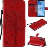 Voor Oppo Reno3 Pro 5G / Find X2 Neo Tree & Cat Reliëfpatroon Horizontale flip lederen tas met houder & kaartsleuven & portemonnee & lanyard (rood)