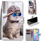 Gekleurde tekening Cross Texture Horizontale Flip PU lederen hoes met houder & kaartsleuven & portemonnee & lanyard voor iPhone 12 Pro Max (Slant Hat Blue Mirror Cat)