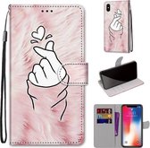 Gekleurde tekening Cross Texture Horizontale Flip PU lederen tas met houder & kaartsleuven & portemonnee & lanyard voor iPhone XS / X (roze handen hart)