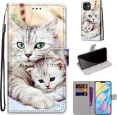 Gekleurde tekening Cross Texture Horizontale Flip PU lederen tas met houder & kaartsleuven & portemonnee & lanyard voor iPhone 12 mini (Big Cat Holding Kitten)