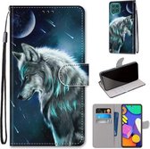 Voor Samsung Galaxy F62 / M62 Gekleurde Tekening Cross Textuur Horizontale Flip PU Lederen Case met Houder & Kaartsleuven & Portemonnee & Lanyard (Peinzende Wolf)