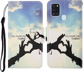 Voor Samsung Galaxy A21s Gekleurde Tekening Patroon Horizontale Flip Leren Case met Houder & Kaartsleuven & Portemonnee & Lanyard (Liefdesgebaar)