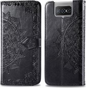 Voor Asus Zenfone 7 Pro ZS671KS Mandala Bloem Reliëf Horizontale Flip Leren Case met Beugel / Kaartsleuf / Portemonnee / Lanyard (Zwart)