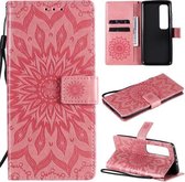 Voor xiaomi mi 10 ultra geperst afdrukken zonnebloem patroon horizontaal flip pu lederen tas met houder & kaartsleuven & portemonnee & lanyard (roze)
