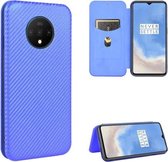 Voor OnePlus 7T Carbon Fiber Texture Magnetische Horizontale Flip TPU + PC + PU Leather Case met Card Slot (Blue)