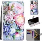 Voor Xiaomi Poco M3 Gekleurde Tekening Cross Textuur Horizontale Flip PU Lederen Case met Houder & Kaartsleuven & Portemonnee & Lanyard (Lichtroze Boeket)