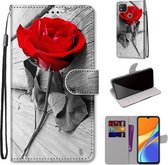 Voor Geschikt voor Xiaomi Redmi 9C Gekleurde Tekening Cross Textuur Horizontale Flip PU Lederen Case met Houder & Kaartsleuven & Portemonnee & Lanyard (Hout Rode Roos)