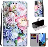 Voor Xiaomi Redmi 9 Power / Note 9 4G Gekleurde tekening Cross Texture Horizontale Flip PU lederen tas met houder & kaartsleuven & portemonnee & lanyard (lichtroze boeket)
