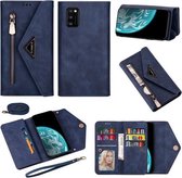 Voor Samsung Galaxy A41 Skin Feel Rits Horizontale Flip Leren Case met Houder & Kaartsleuven & Fotolijst & Lanyard & Lang Touw (Blauw)