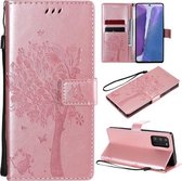 Voor Samsung Galaxy Note20 Tree & Cat Pattern Pressed Printing Horizontale Flip PU Leather Case met houder & kaartsleuven & portemonnee & Lanyard (Rose Gold)