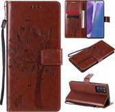 Voor Samsung Galaxy Note20 Boom & Kat Patroon Geperst Afdrukken Horizontale Flip PU Lederen Case met Houder & Kaartsleuven & Portemonnee & Lanyard (Koffie)