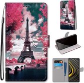 Voor Xiaomi Poco M3 Gekleurde Tekening Cross Textuur Horizontale Flip PU Lederen Case met Houder & Kaartsleuven & Portemonnee & Lanyard (Pink Flower Tower Bridge)