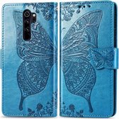 Voor Geschikt voor Xiaomi redmi note 8 pro vlinder liefde bloem reliëf horizontale flip lederen tas met beugel / kaartsleuf / portemonnee / lanyard (blauw)