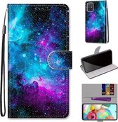 Voor Samsung Galaxy A71 Gekleurde Tekening Cross Textuur Horizontale Flip PU Lederen Case met Houder & Kaartsleuven & Portemonnee & Lanyard (Paars Groen Sterrenhemel)