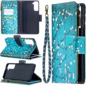 Voor Samsung Galaxy S30 Plus Gekleurde Tekening Patroon Rits Horizontale Flip Leren Case met Houder & Kaartsleuven & Portemonnee (Pruimenbloesem)