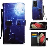 Voor Samsung Galaxy S21 Ultra 5G Gekleurd tekeningpatroon Vlak geweven horizontaal Flip lederen hoesje met houder & kaartsleuf & portemonnee & lanyard (kat en zon)