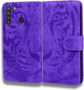 Voor Samsung Galaxy A21 Tiger Embossing Pattern Horizontale Flip lederen tas met houder & kaartsleuven & portemonnee (paars)