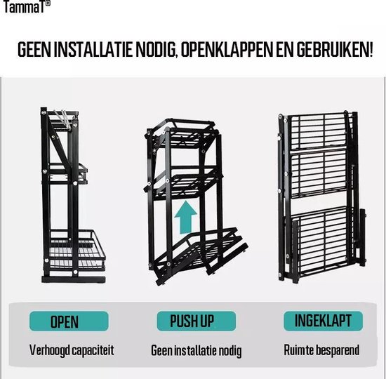 TammaT - Kruidenrek - Kruidenrek Staand - Inklapbare Keukenrek - 3-laags 35x21x56,5CM - Keuken Organizer - Aanrecht Organizer - Keuken Opslag - Roestvrij Staal - Opbergrek - Keuken organizers - Roestvrij en krasvrij