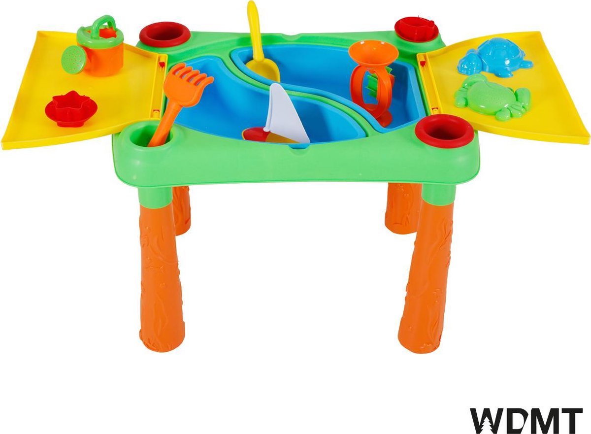 multifunctionele zand- en watertafel van WDMT™ | 65,3 x 48,2 x 45 cm | Deze 18-delige set bevat onder andere schepjes, vormpjes, een gieter en zeilbootje | Geleverd met deksel om de tafel in de winter af te dekken
