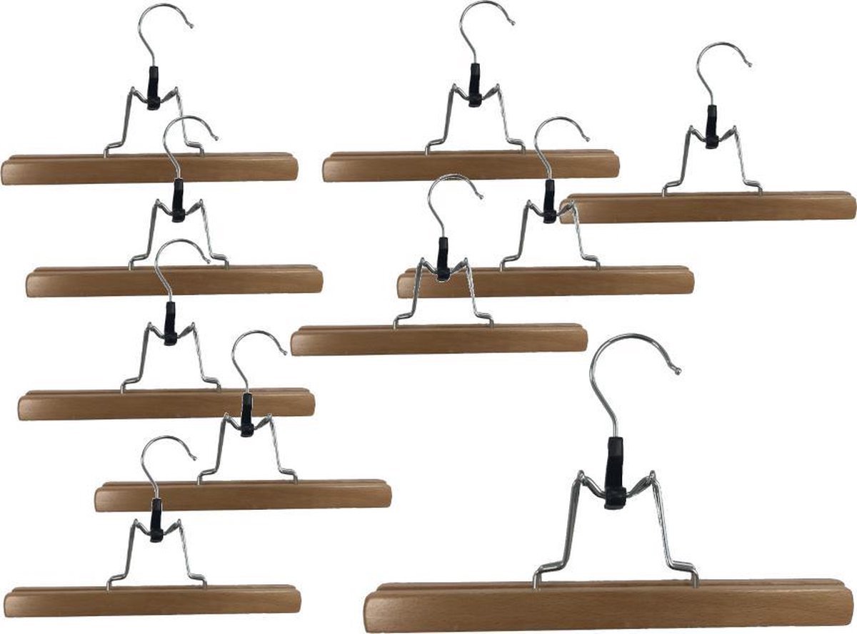 Set van 10 pantalonhangers - rokhangers van 25 cm breed met klemmechanisme en vilt ter bescherming van de kleding