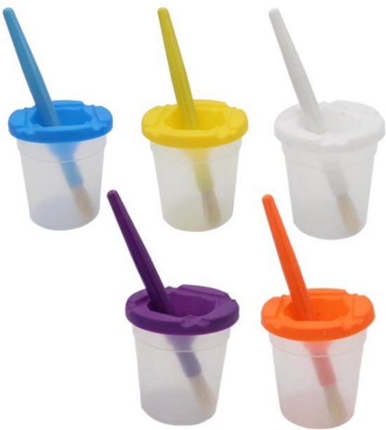 Blijderij - lijmpotjes met kwast - 5 plakselpotjes - verfpotjes met kinderkwasten - creatief kinderen - knutselspullen