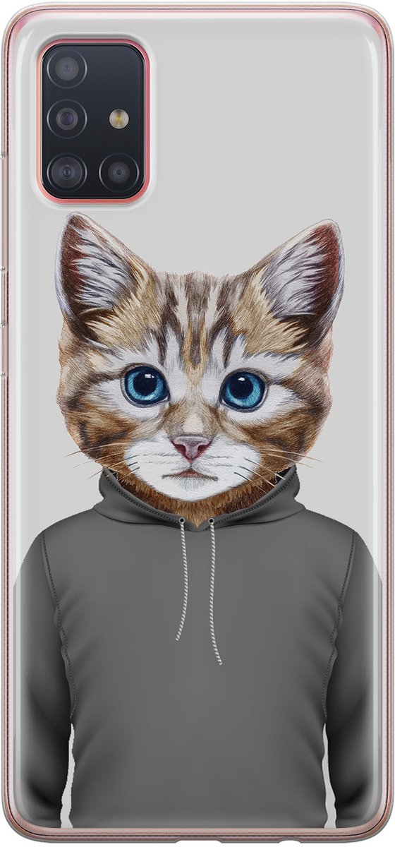 Leuke Telefoonhoesjes - Hoesje geschikt voor Samsung Galaxy A51 - Kat schattig - Soft case - TPU - Kat - Grijs