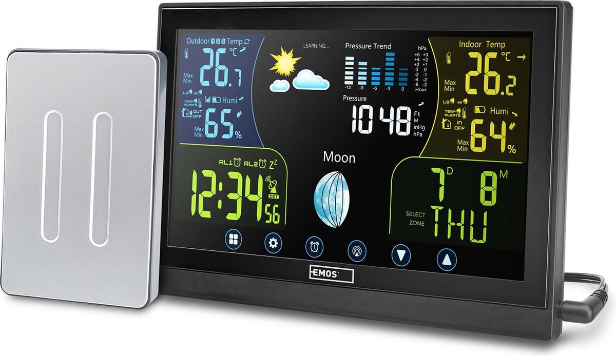 Draadloos weerstation - Weerstation binnen en buiten - Weerstation met buitensensor, incl. Touchscreen kleurendisplay, DCF-ontvangstsignaal klok - binnen- en buitentemperatuur, barometer, weersvoorspelling - Emos'