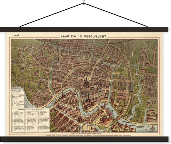 Un plan de ville coloré et historique de la Hollande du Nord Haarlem assiette plate lattes plates noir - Plan 90x60 cm - Tirage photo sur affiche textielposter (décoration murale salon / chambre)