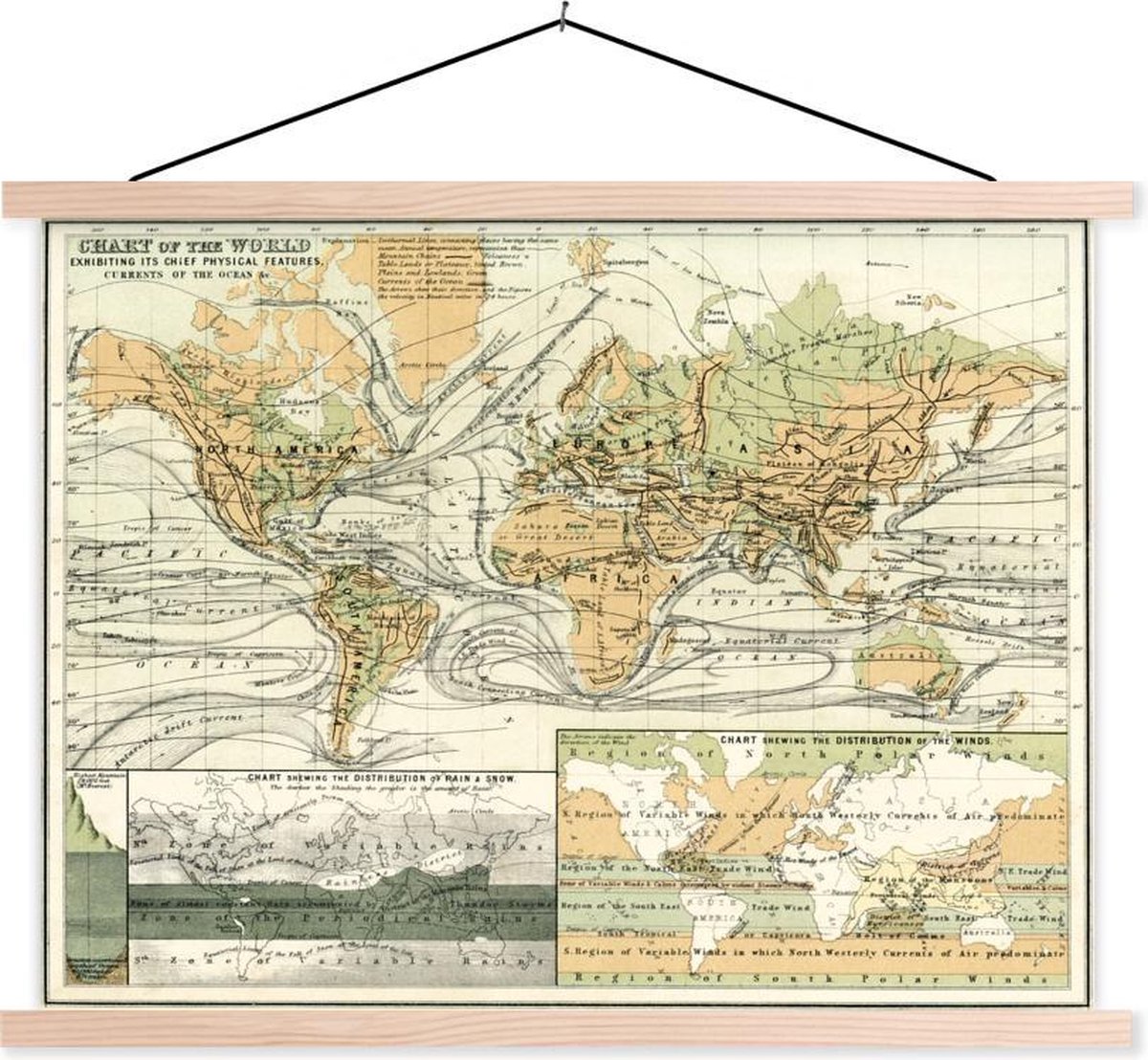 Posterhanger incl. Poster 60x45 cm - Schoolplaat - Vintage wereldkaart met landschapskenmerken - Textielposter - Blanke latten