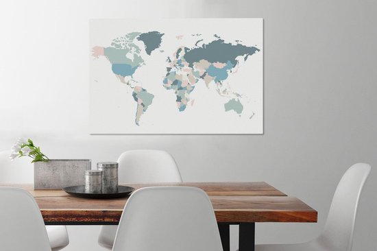 Wereldkaart avec des pays de différentes couleurs pastel sur fond blanc 90x60 cm