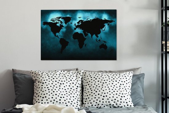 Carte du monde noire sur fond sombre aux couleurs bleues 90x60 cm