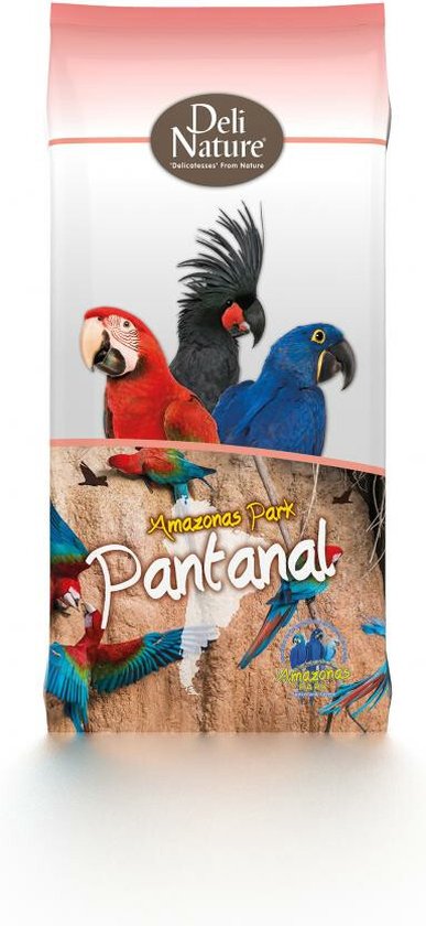Deli Nature Pantanal verpakking met een rode ara, zwarte kaketoe en blauwe ara.
