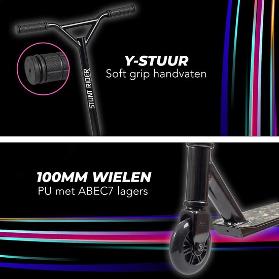 Zwarte stuntstep met Y-stuur, zachte handvatten en 100mm PU wielen met ABEC7 lagers.