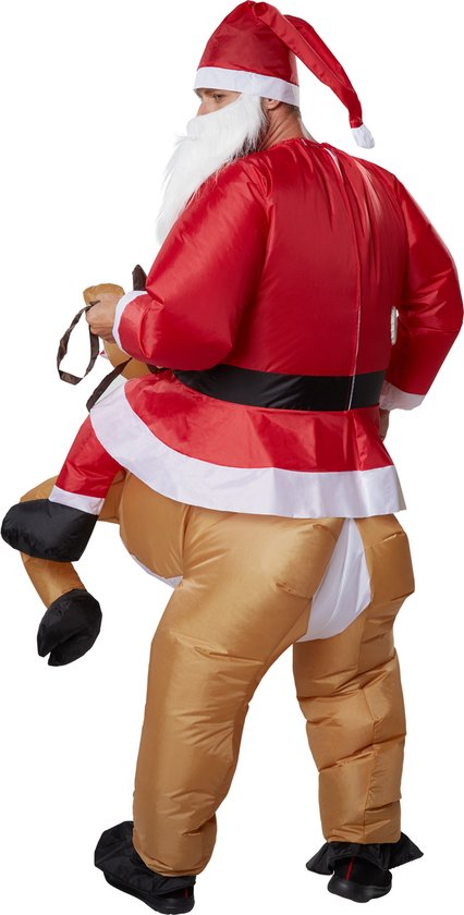 Opblaasbaar kerstmanpak met rendier, gezien van achteren. De kerstman draagt een rood pak met witte bies.