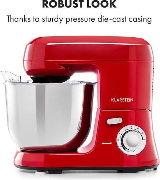 Klarstein Bella Robusta Keukenmachine - RVS mengkom 5,5 liter - Inclusief garde, kneedhaak en menghaak - 1200 W - 6 snelheden - Rood van Klarstein — afbeelding 3