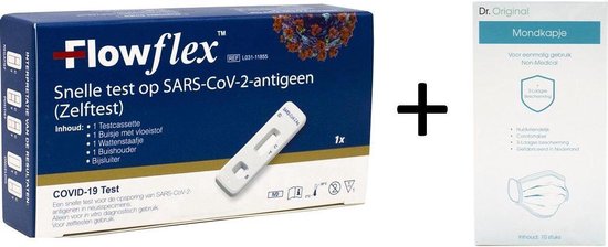 5x Flowflex Corona Zelftest (5 pack) Covid Test + GRATIS Dr. Original Mondkapje 10st