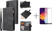 Luxe Telefoonhoesje voor Samsung Galaxy A50 | Hoogwaardig Leren Bookcase | Lederen Wallet Case | Luxe Uitstraling | Pasjeshouder 6 stuks | Portemonnee | Rits | Zwart + 1x screenpro