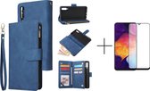 Luxe Telefoonhoesje voor Samsung Galaxy A70 | Hoogwaardig Leren Bookcase | Lederen Wallet Case | Luxe Uitstraling | Pasjeshouder 6 stuks | Portemonnee | Rits | Blauw + 1x screenpro
